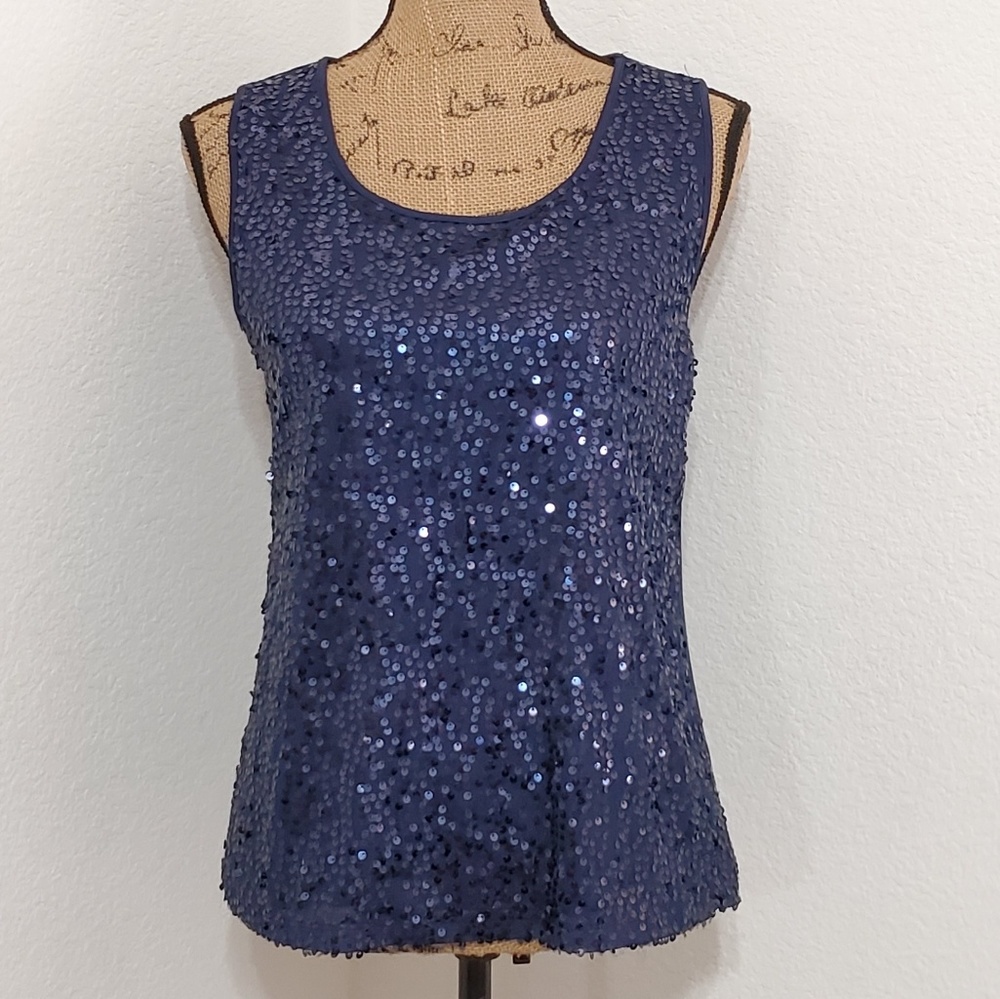 George  navy blue sleeveless sequined tank top lined Med. Dressy Black Tie